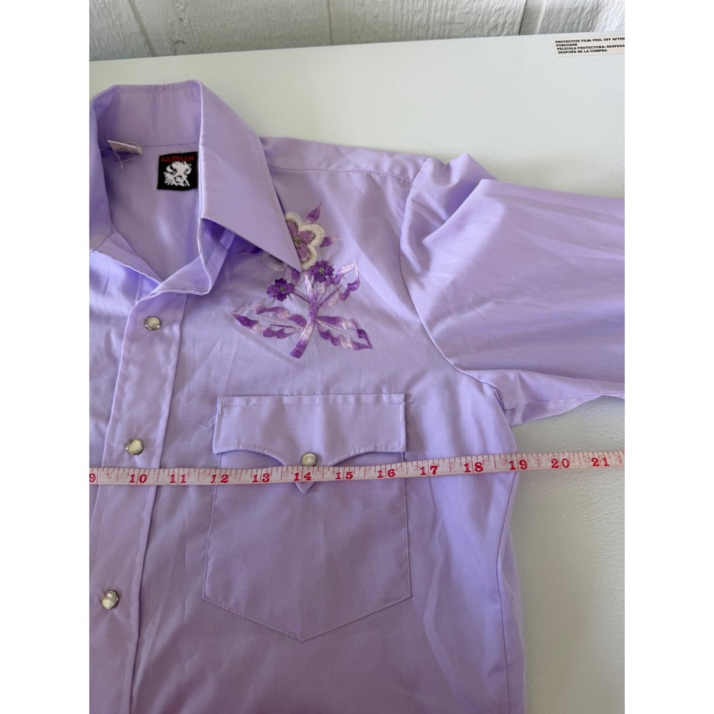 Vintage Karman Western Shirt Mens 15 32 Lavender Floral Embroidery Pearl Snap - Picture 5 of 6